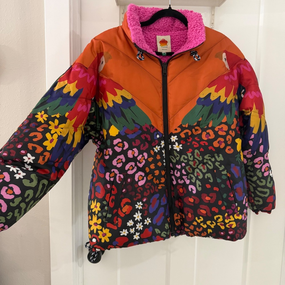 Farm Rio Macaw Print Reversible Faux Shearling Puffer Jacket Multicolor‎ Women S
